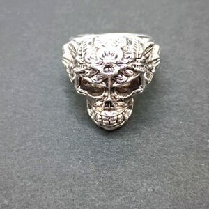 LARGE Silver adjustable sugar skull ring